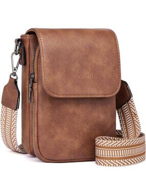 POIUGOYA Women's Brown Leather Triple Compartment Cell Phone Crossbody Bag